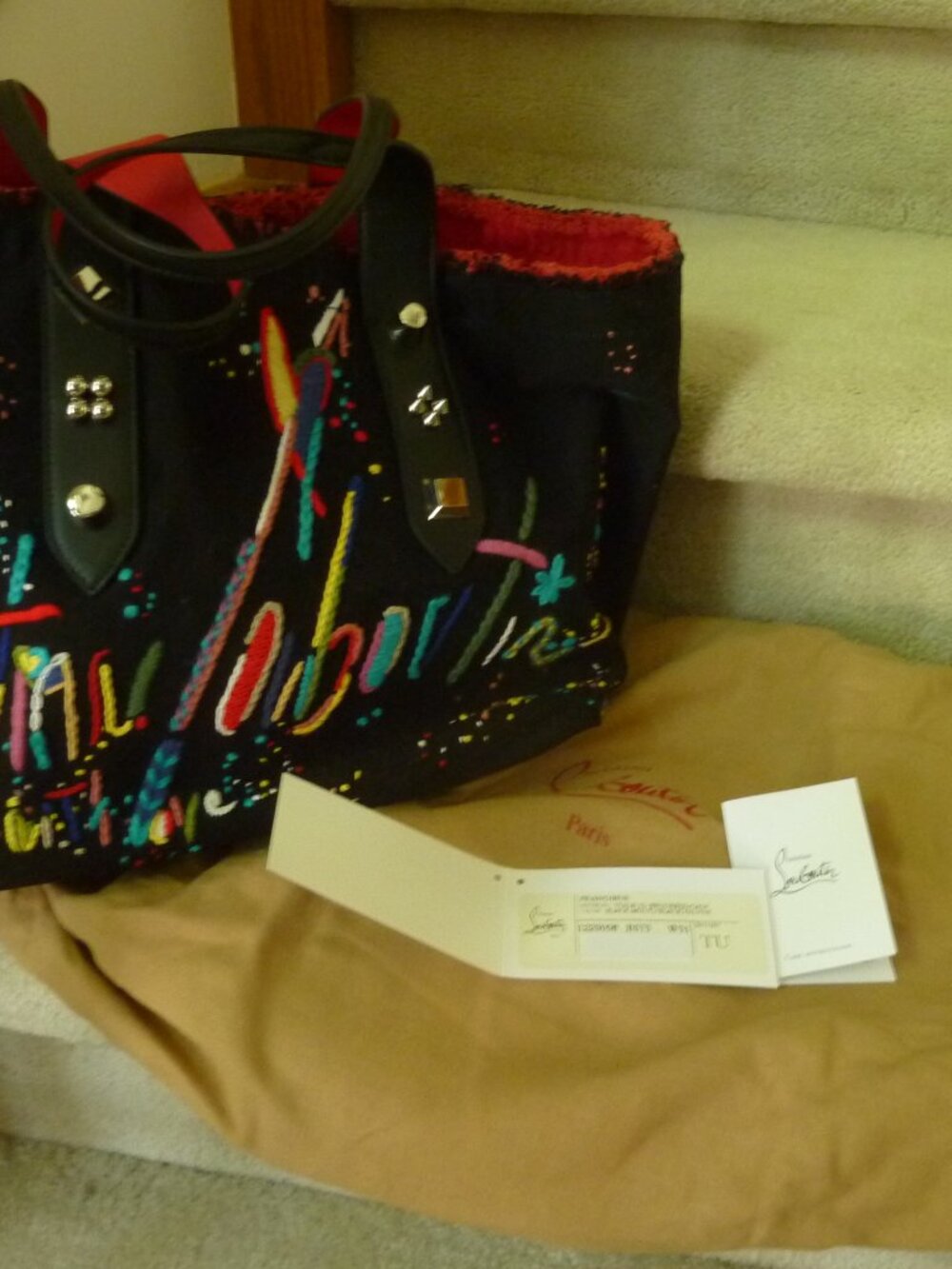 Brand New Christian Louboutin "Frangibus" Black-Multi Calf and Fabric Tote Bag